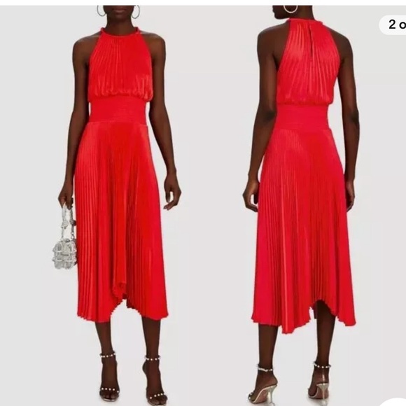 A.L.C. Asymmetric Pleated Midi-dress Red Halter Neckline Smocked Worn once. - Picture 3 of 7
